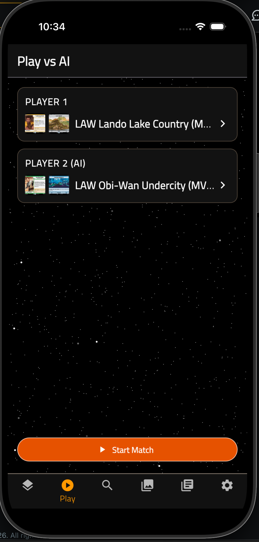 Play vs AI setup screen — choose your deck and AI opponent