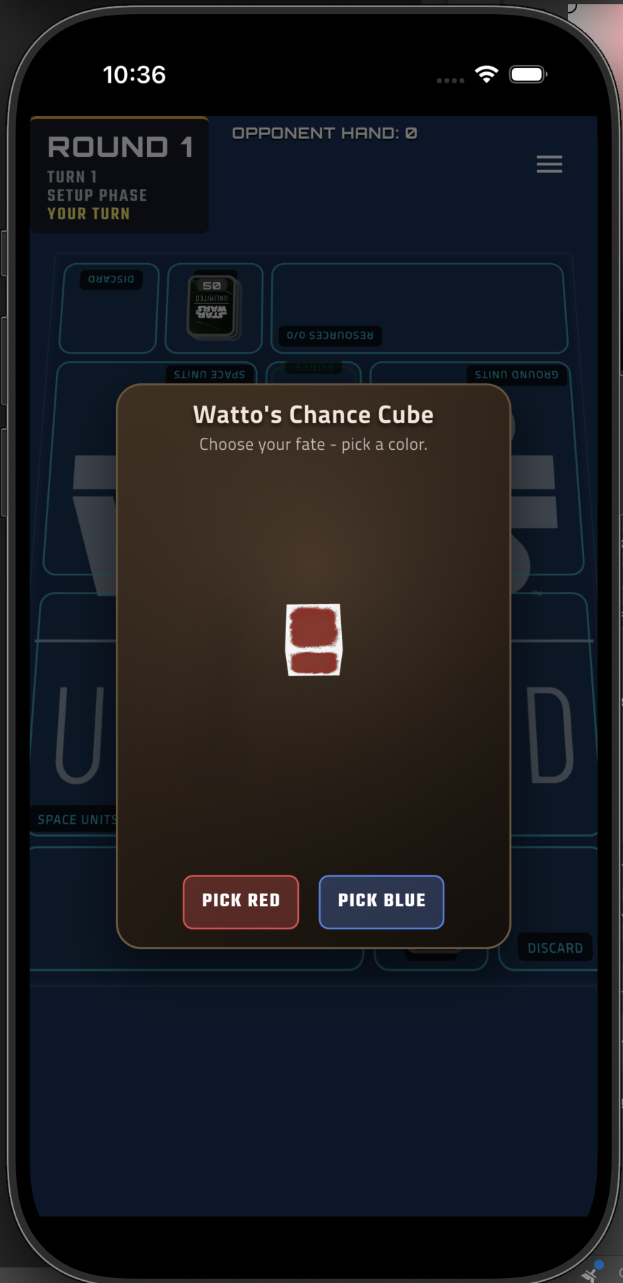 Watto's Chance Cube setup prompt — pick red or blue